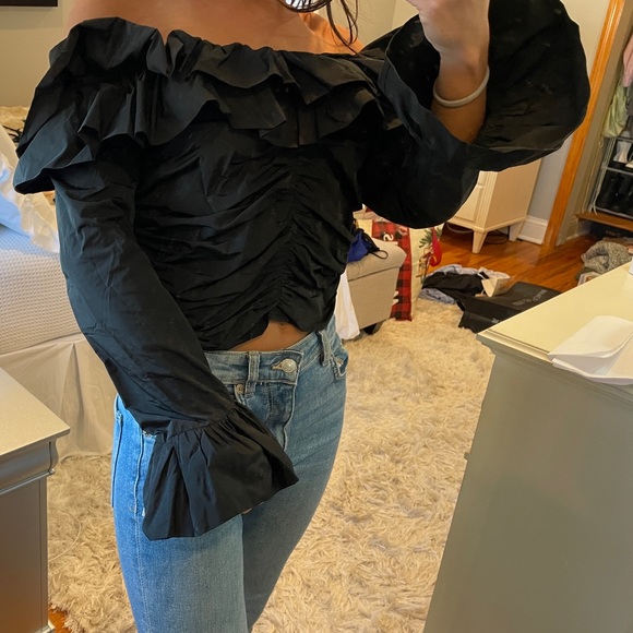 NWT Zara Bardot Black Off Shoulder Ruffle Ruched Crop Long Sleeve Top - Picture 5 of 8